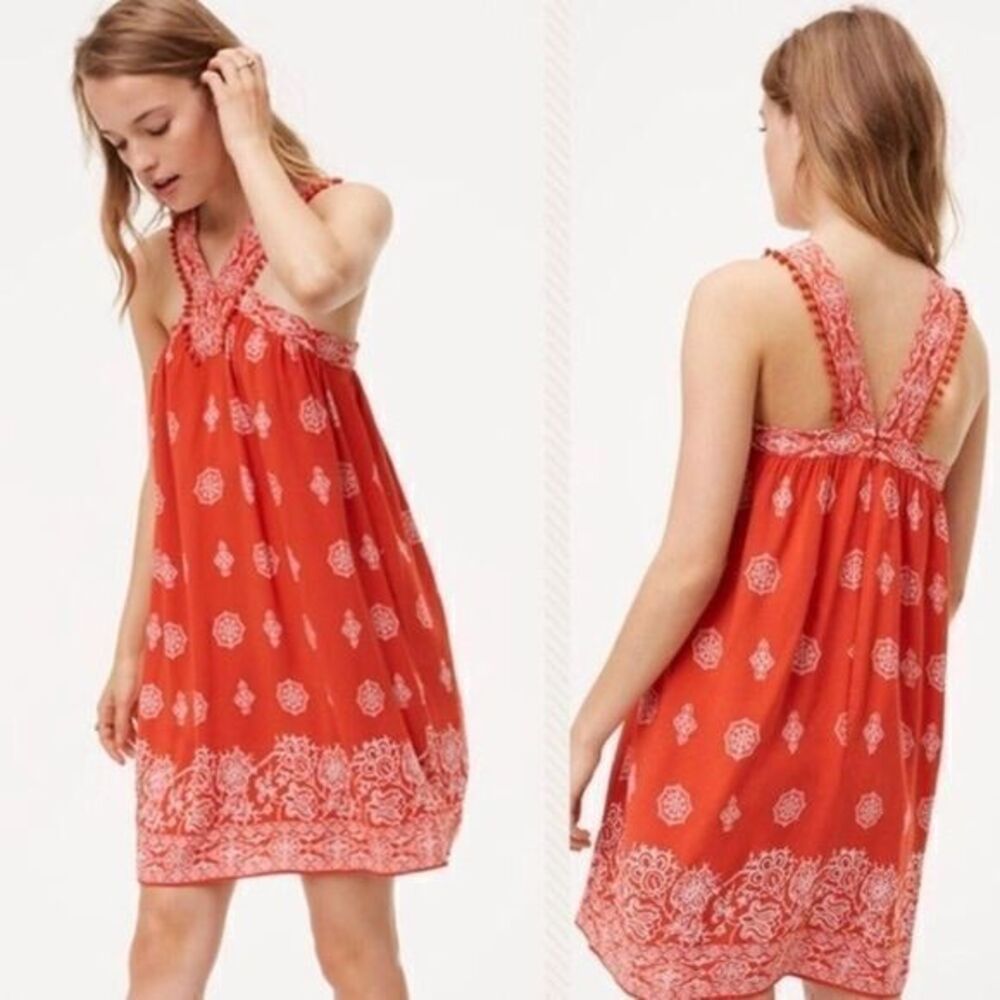 Loft orange boho print Pom Pom v neckline dress small